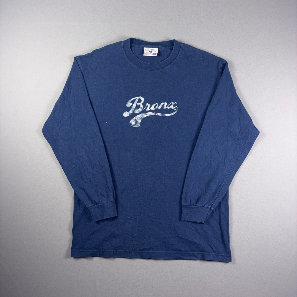 Vintage Steve & Barrys Bronx Long Sleeve T-Shirt Navy Blue Graphic Mens Large
